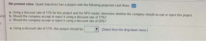  Net present value Quark Industries has a project with the following