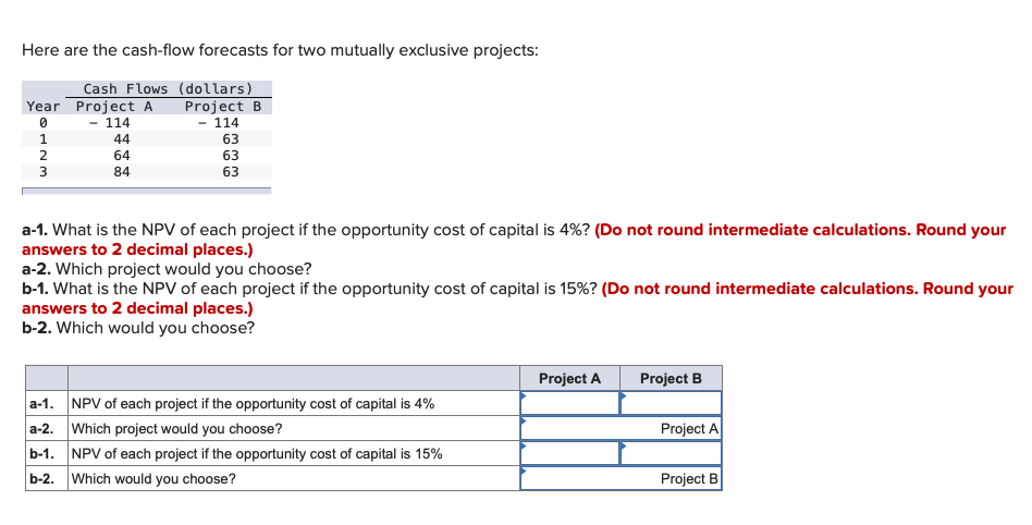 Here are the cash-flow forecasts for two mutually exclusive projects: Cash Flows