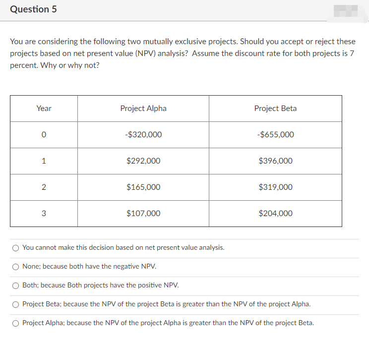 Question 5 You are considering the following two mutually exclusive projects.