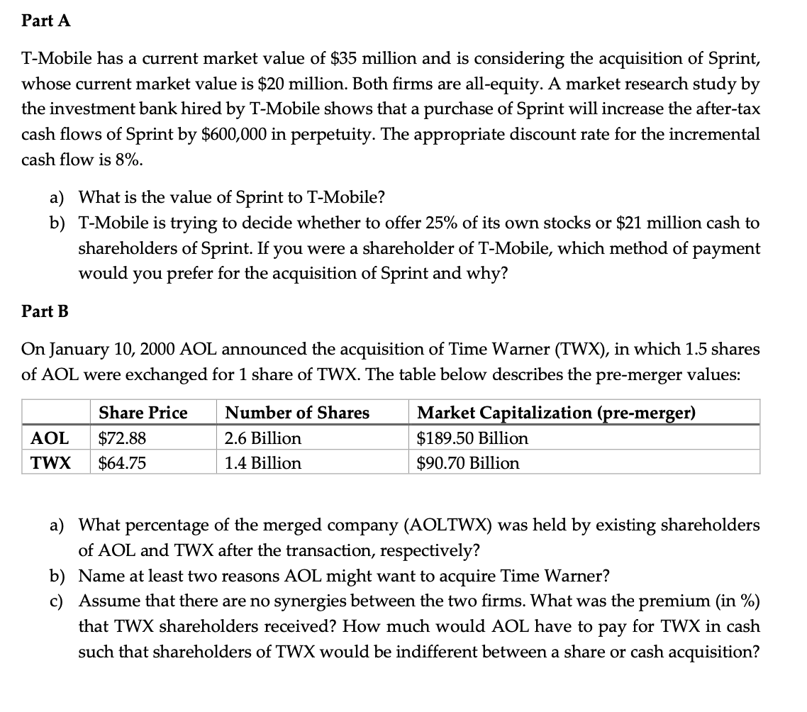 please show all work Part A T-Mobile has a current market value