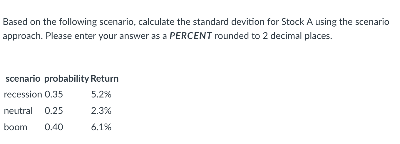 Based on the following scenario, calculate the standard devition for Stock