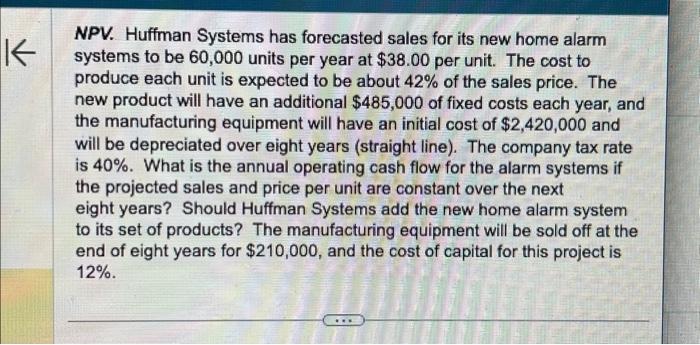 Solve all req please NPV. Huffman Systems has forecasted sales for its