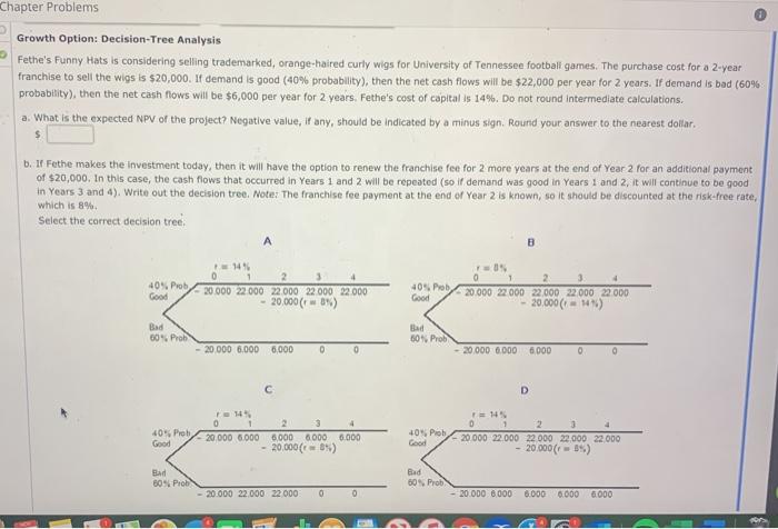  Chapter Problems Growth Option: Decision-Tree Analysis Fethe's Funny Hats is considering