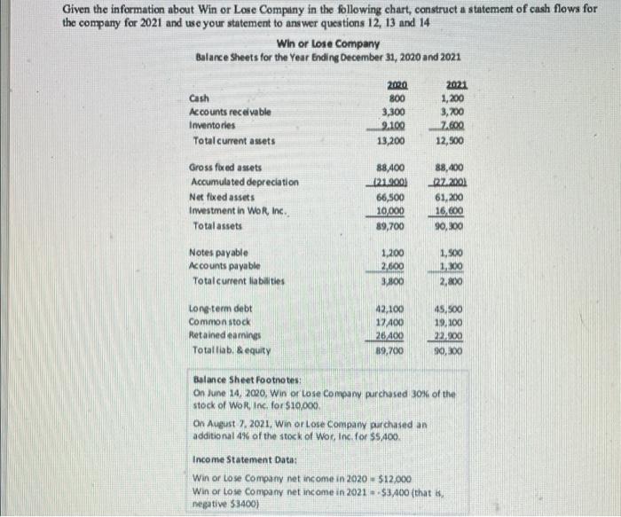 please help answer questions 12-14 Given the information about Win or Lose