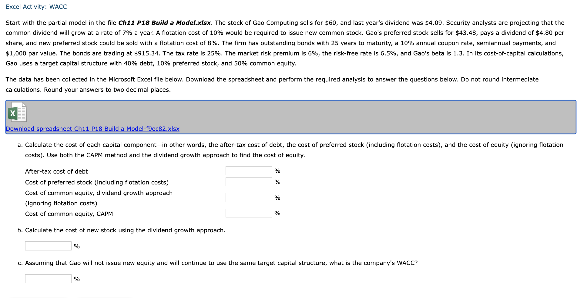  Excel Activity: WACC Start with the partial model in the file