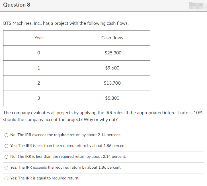  Question 8 BTS Machines, Inc., has a project with the following