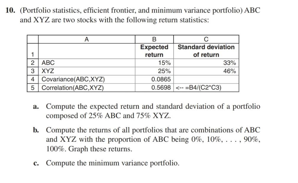  PLEASE ANSWER USING EXCEL. THANK YOU! 10. (Portfolio statistics, efficient frontier,