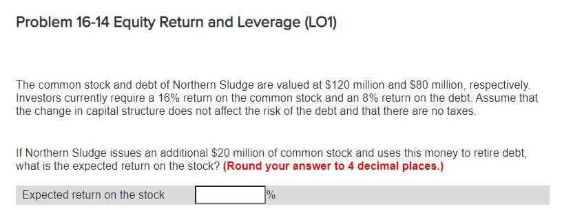 Problem 16-14 Equity Return and Leverage (L01) The common stock and