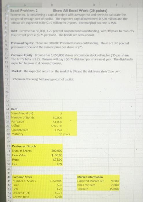  16 Excel Problem 2 Show All Excel Work (20 points) Brownie
