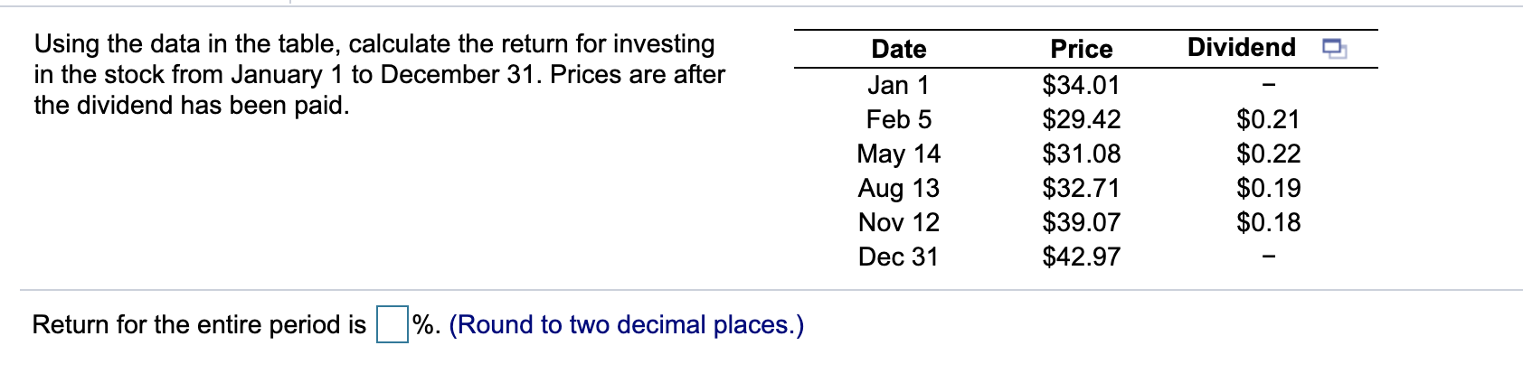  Date Dividend Using the data in the table, calculate the return