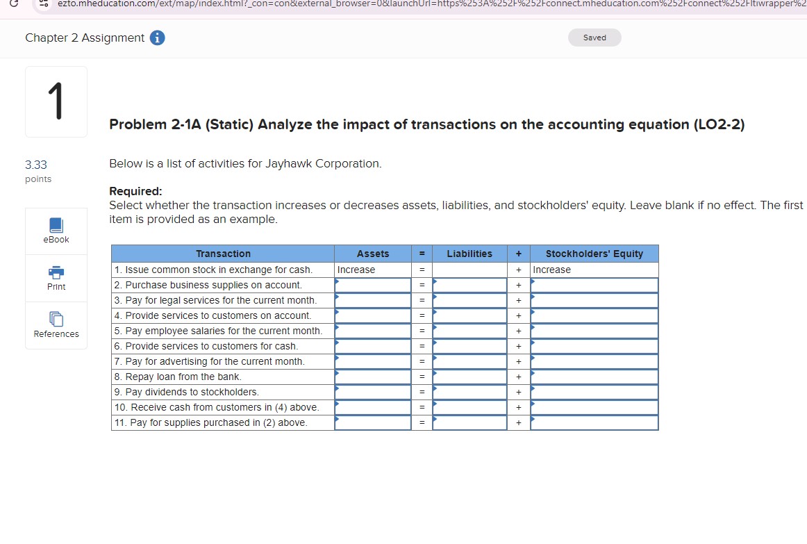  Chapter 2 Assignment i 1 3.33 points Problem 2-1A (Static) Analyze