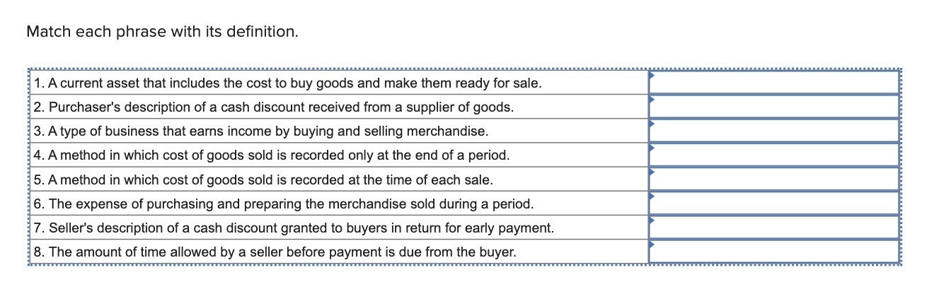  Match each phrase with its definition. A current asset that includes