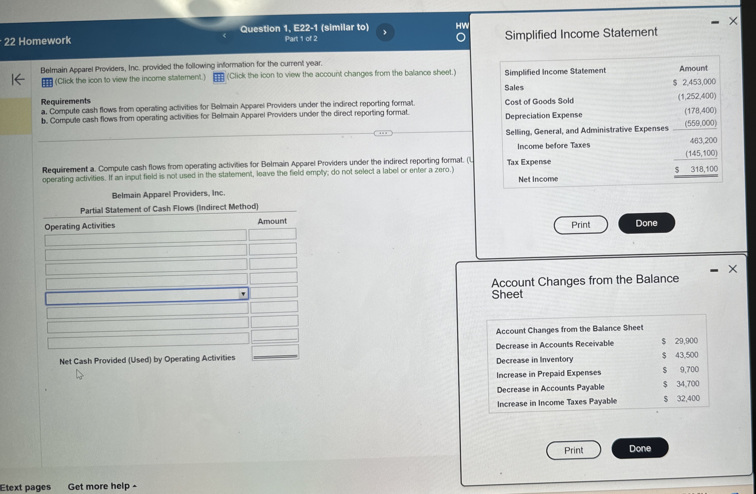  22 Homework Question 1, E22-1(similar to) HW Part 1 of 2