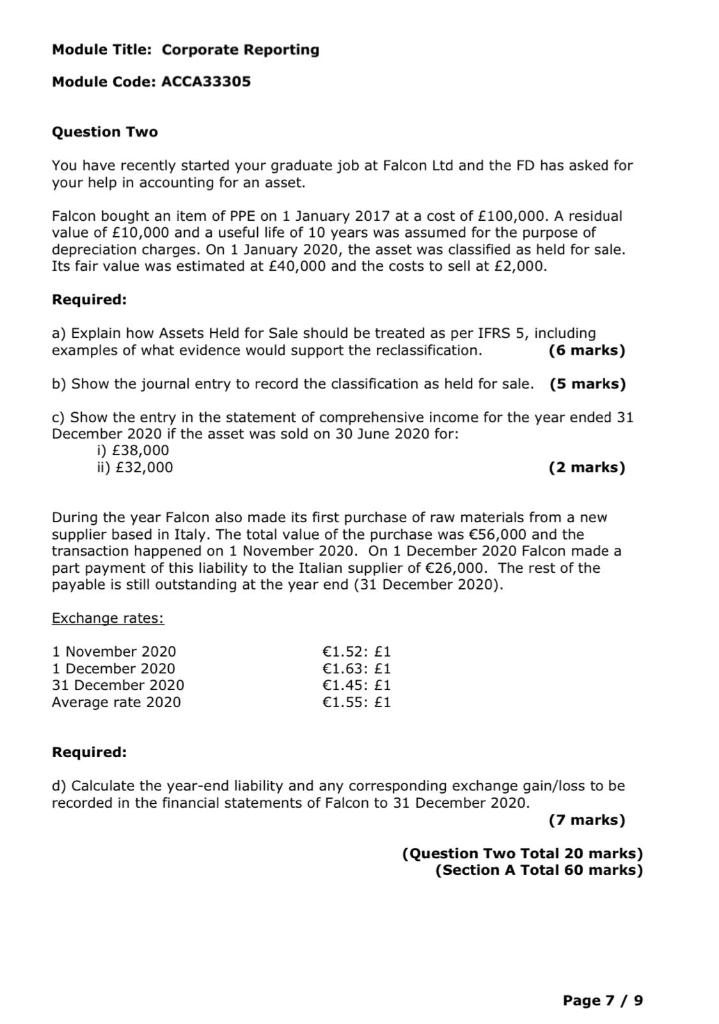 Module Title: Corporate Reporting Module Code: ACCA33305 Question Two You have