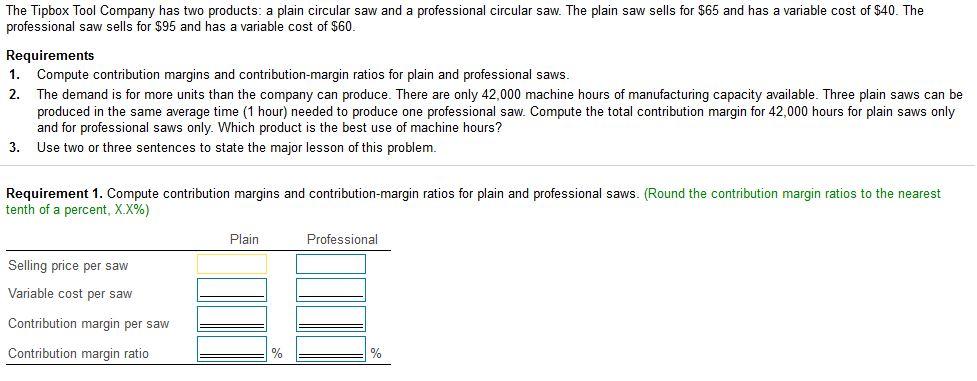  The Tipbox Tool Company has two products: a plain circular saw