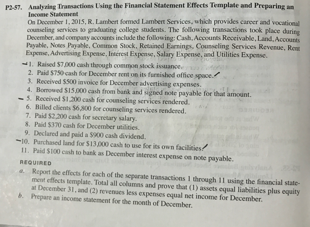  Analyzing Transactions Using the Financial Statement Effects Template and Preparing an
