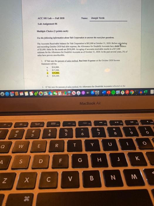  ACC 101 Lab -Fall 2030 Name: Joseph Verde Lab Assignment Multiple