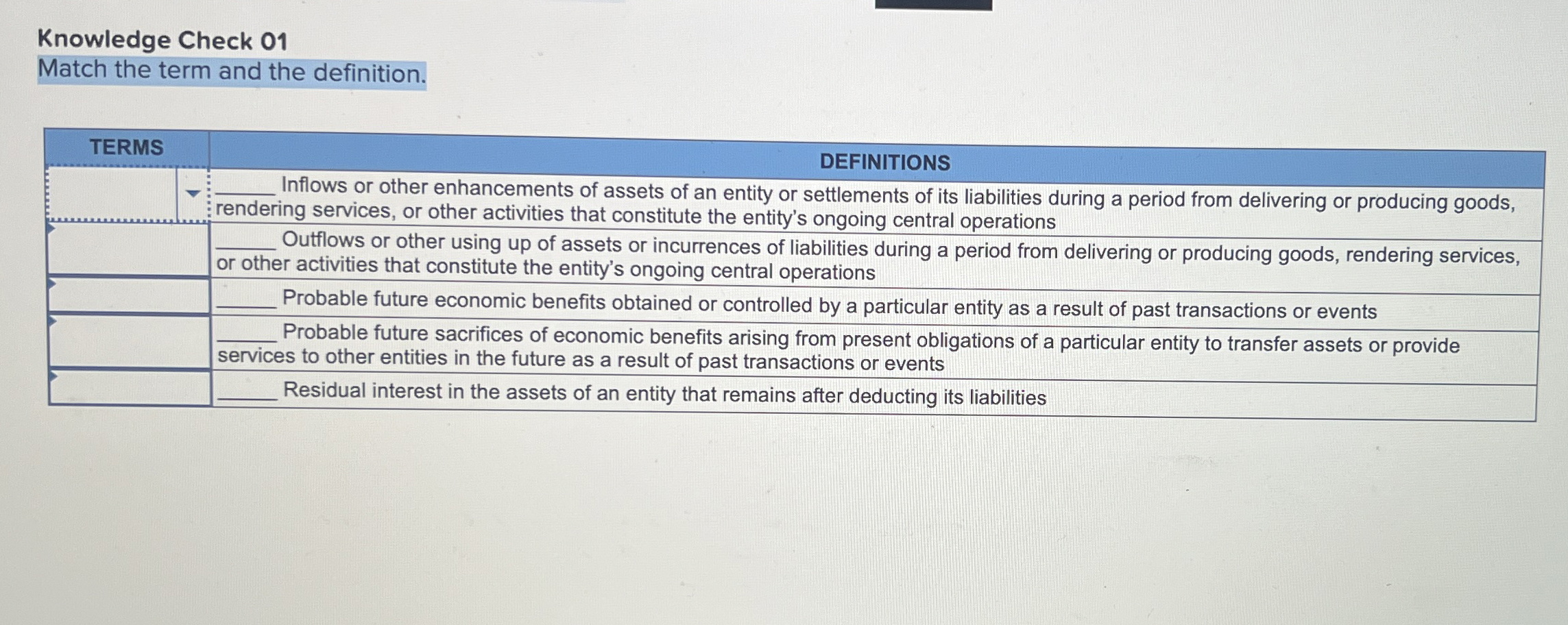  Knowledge Check 01 Match the term and the definition. \table[[TERMS,DEFINITIONS],[,,\table[[Inflows or