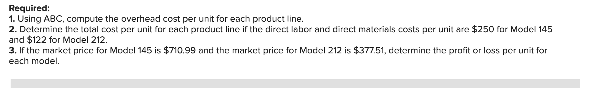 unit for each product line if the direct labor and direct materials