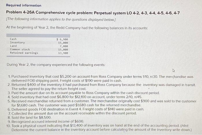  Required information Problem 4-26A Comprehensive cycle problem: Perpetual system LO 4-2,