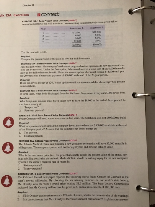  Chapter 13 13A: Exercises connect dix EXERCISE 13A-1 Basic Present Value