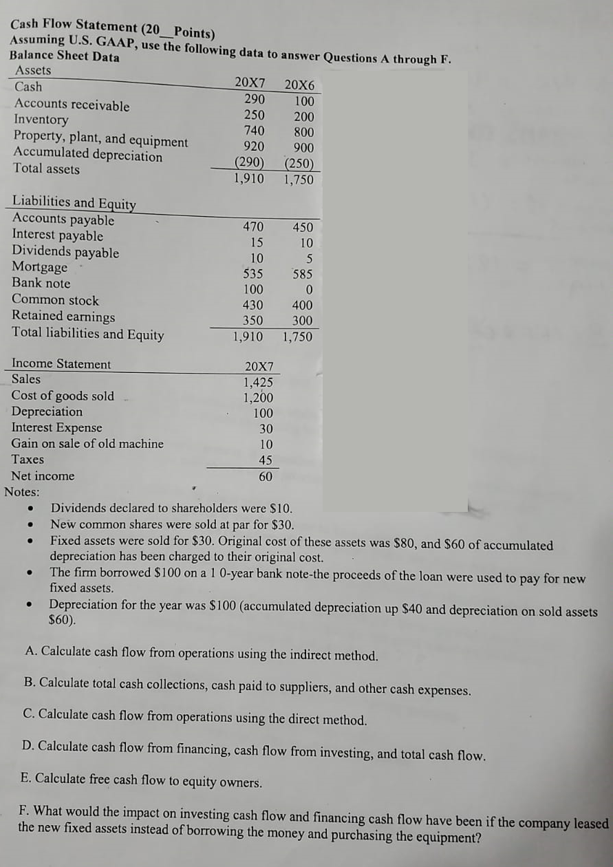  Cash Flow Statement (20 Points) Assuming U.S. GAAP, use the following