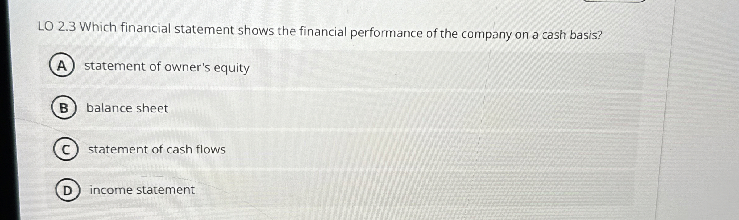  LO 2.3 Which financial statement shows the financial performance of the