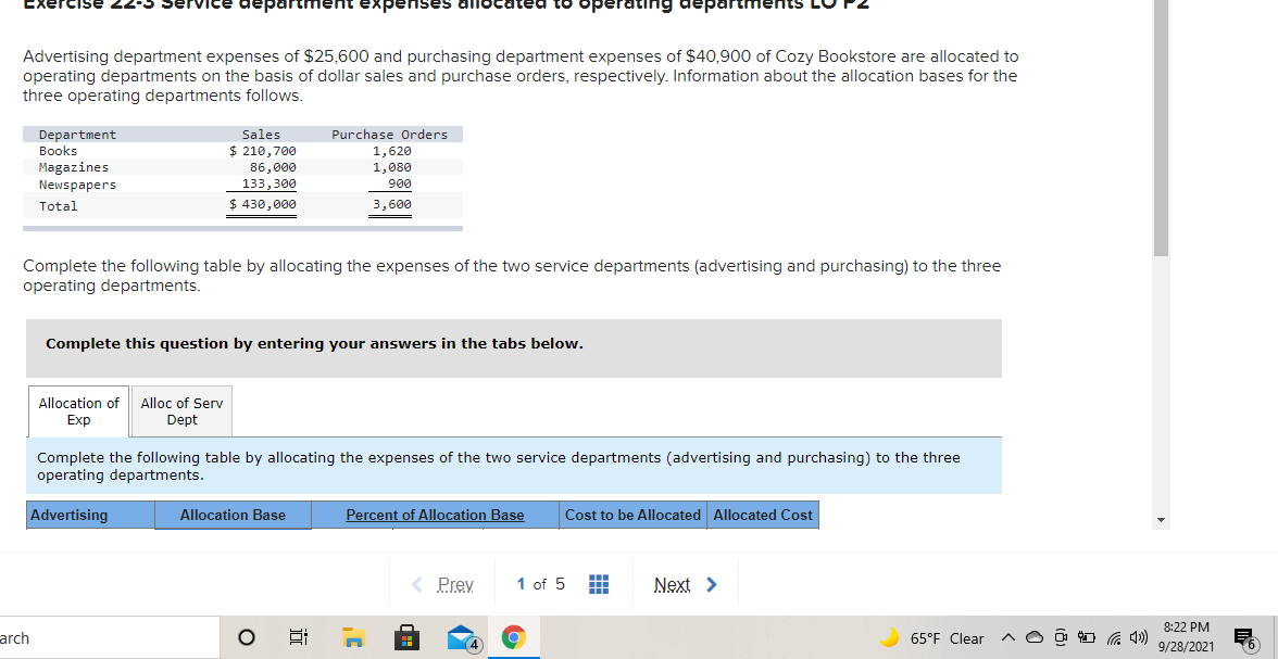 entering your answers in the tabs below. Allocation of Exp Alloc of