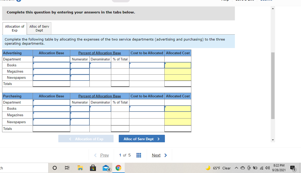 Serv Dept .................................................................................................................. Complete the spreadsheet by allocating the expenses of the