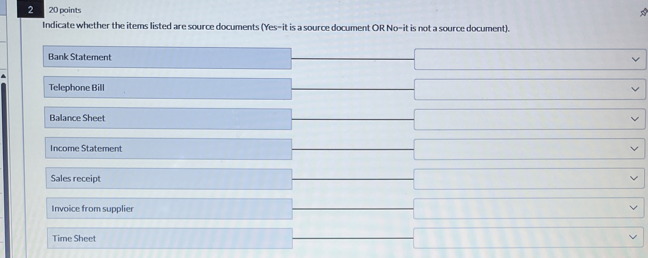  2 20 points Indicate whether the items listed are source documents