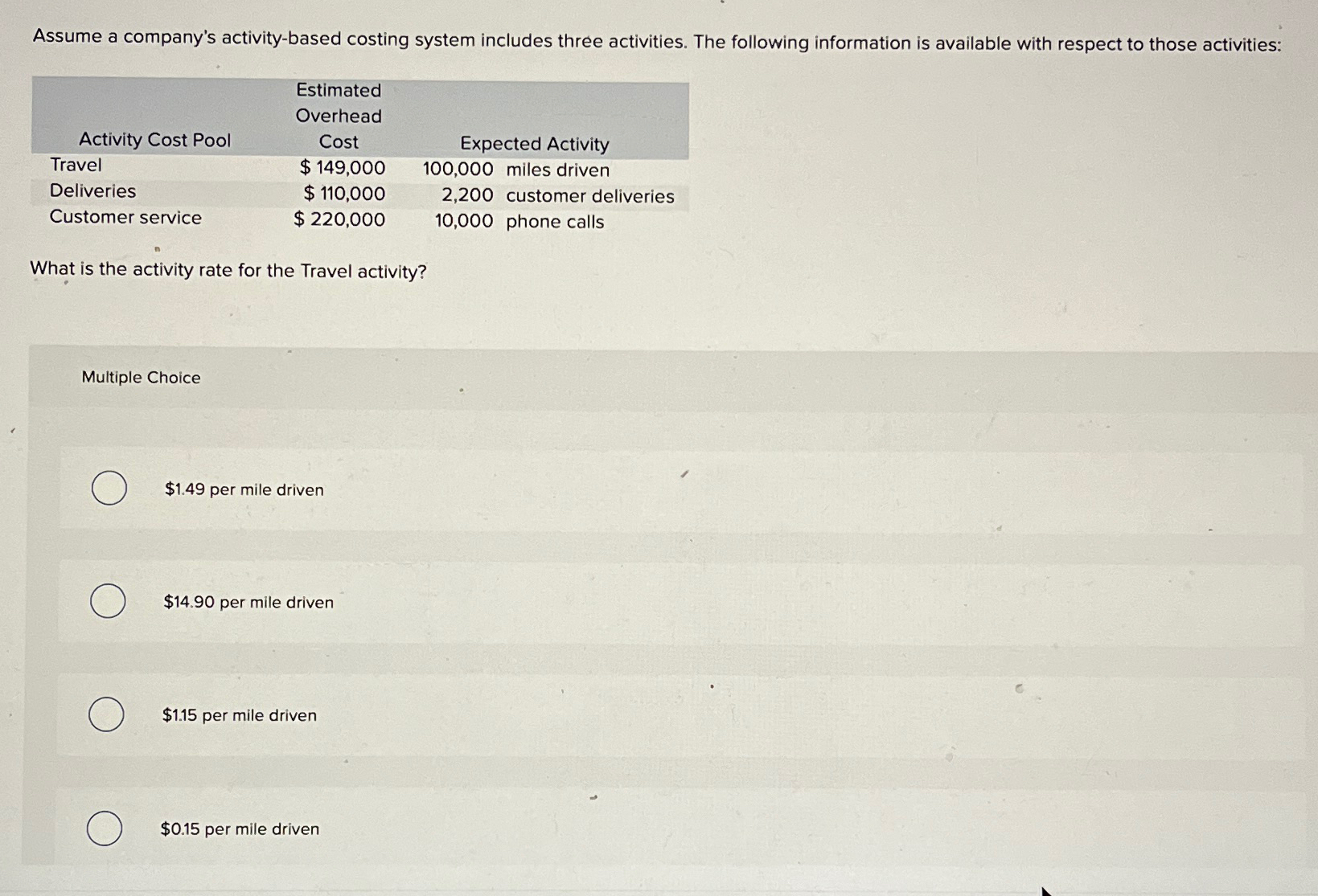  Assume a company's activity-based costing system includes three activities. The following