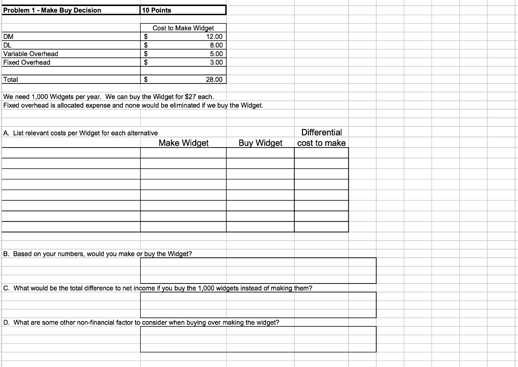 ******Please put answers into a table as shown! Problem 1 Make Buy