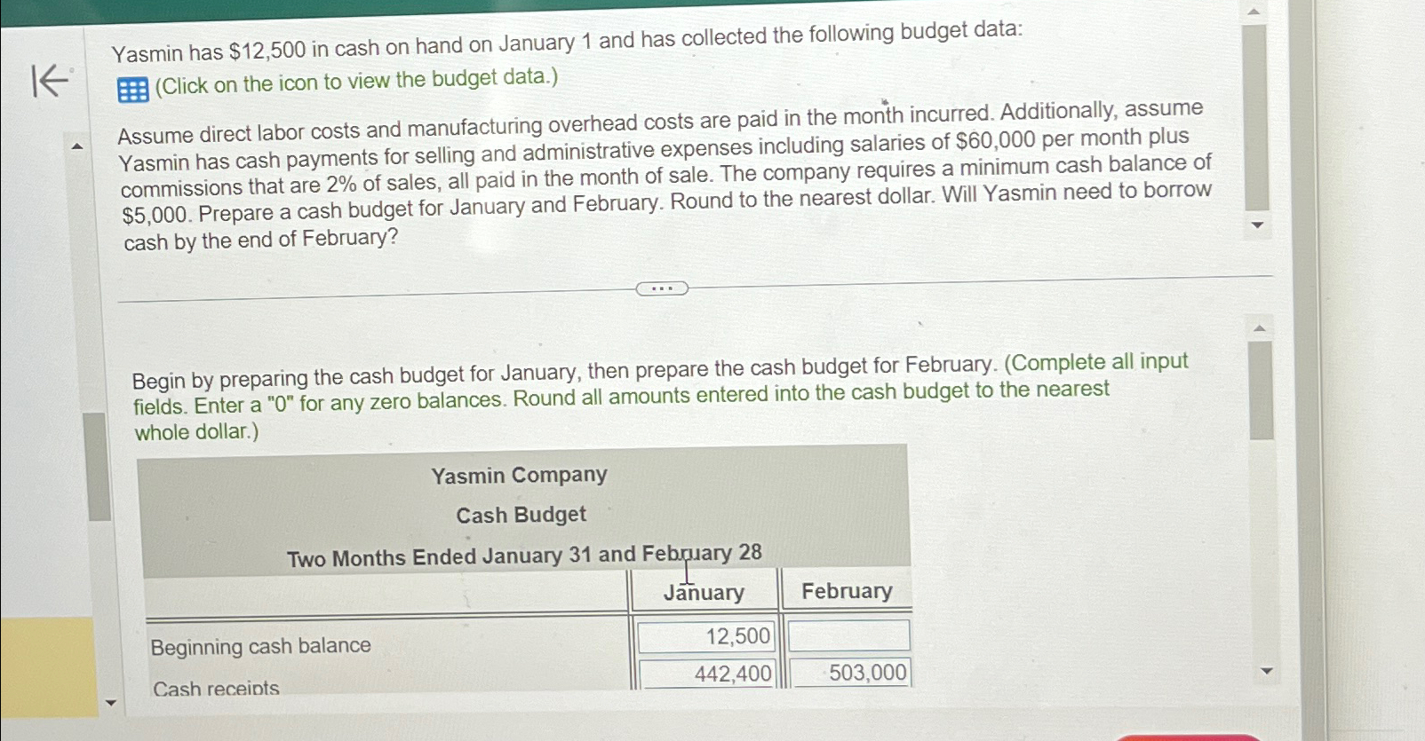  Yasmin has $12,500 in cash on hand on January 1 and