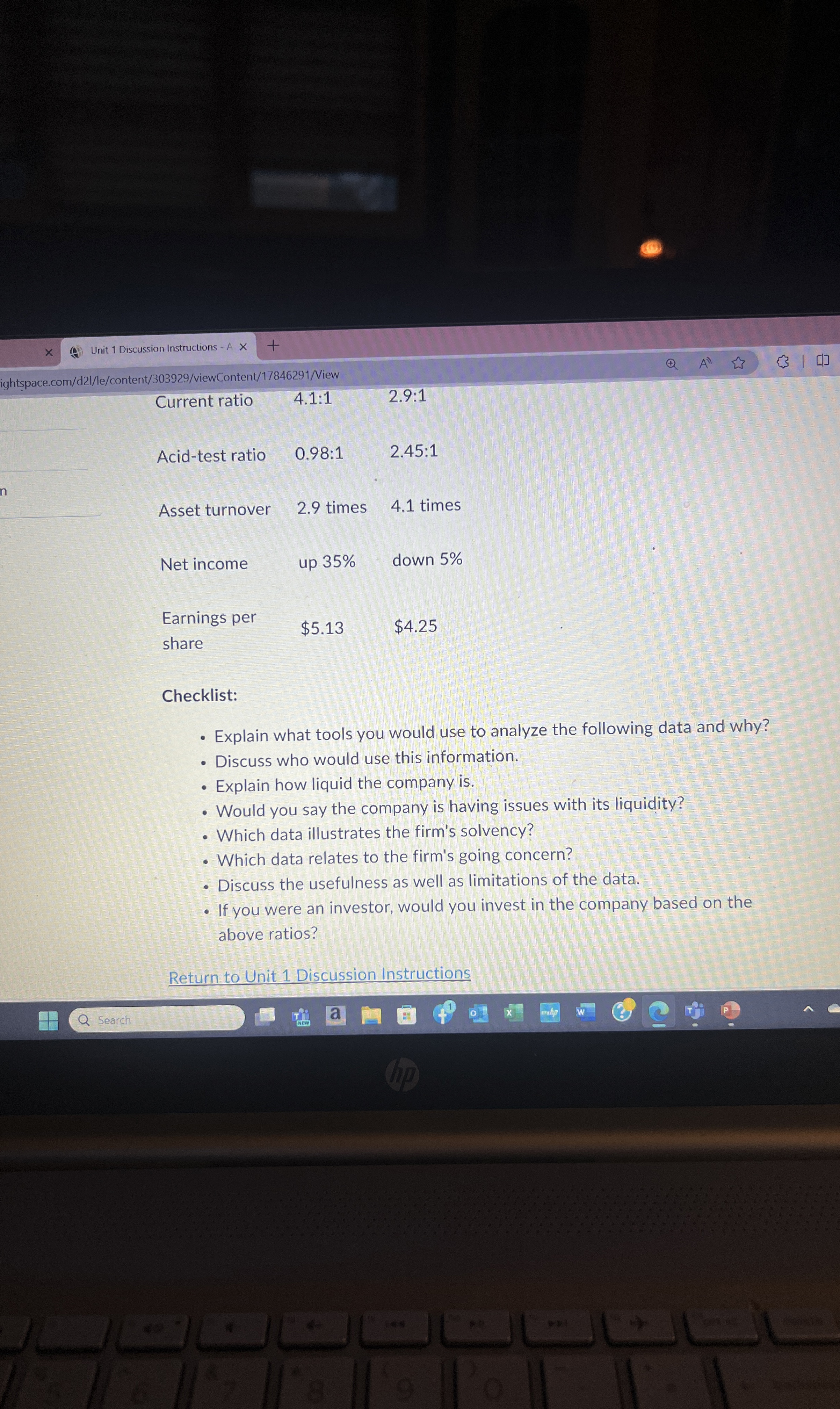  Unit 1 Discussion Instructions ightspace.com/d2l/le/content/303929/viewContent/17846291/View \table[[Current ratio,4.1:1,2.9:1 