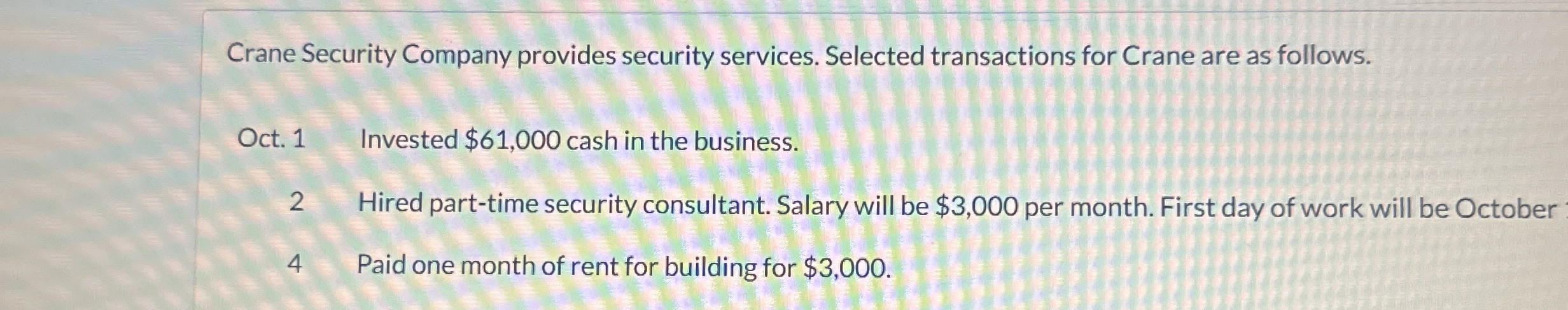 Crane Security Company provides security services. Selected transactions for Crane are