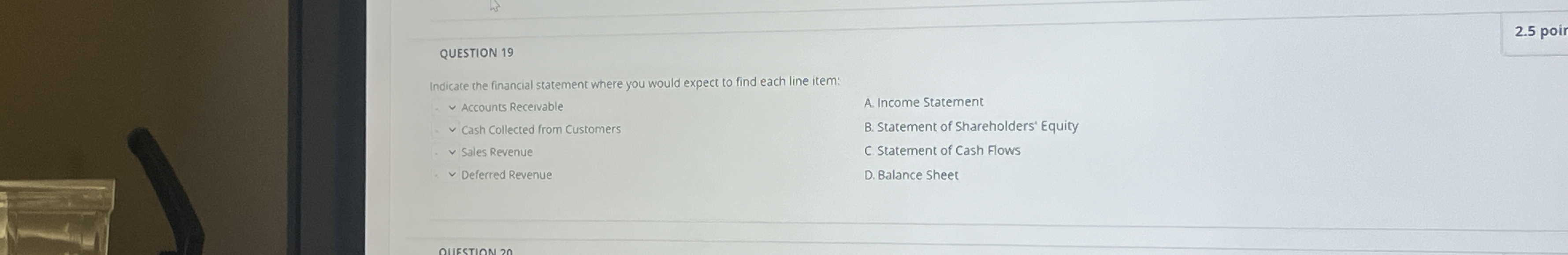  QUESTION 19 Indicate the financial statement where you would expect to