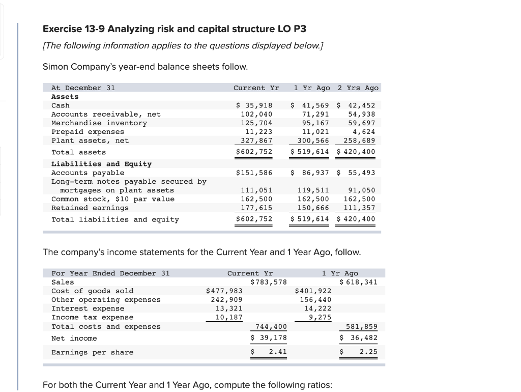  Exercise 13-9 Analyzing risk and capital structure LO P3 [The following