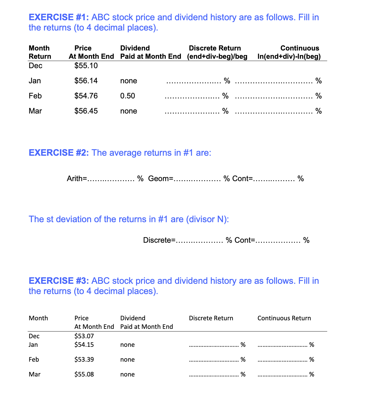  Stock Return Averages EXERCISE #1: ABC stock price and dividend history