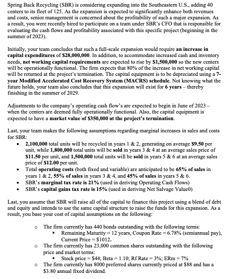 Spring Back Recycling (SBR) is considering expanding into the Southeastern U.S.,