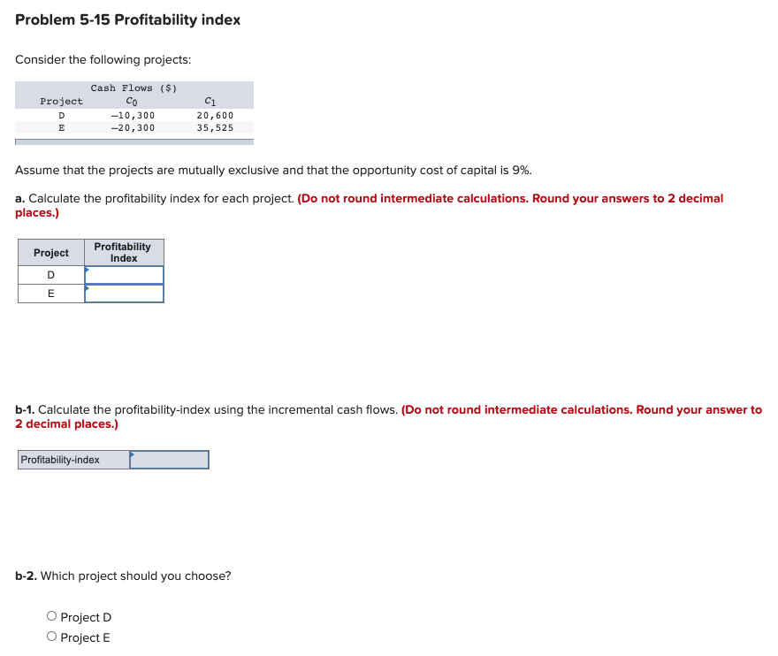Problem 5-15 Profitability index Consider the following projects: Project C0 C1 D