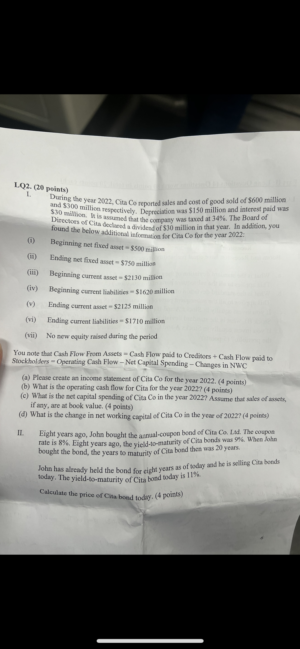  LQ2.(20 points) I. During the year 2022, Cita Co reported sales