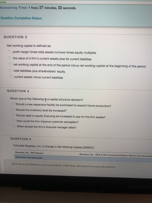  Remaining Time: 1 hour, 27 minutes, 32 seconds. Question Completion Status: