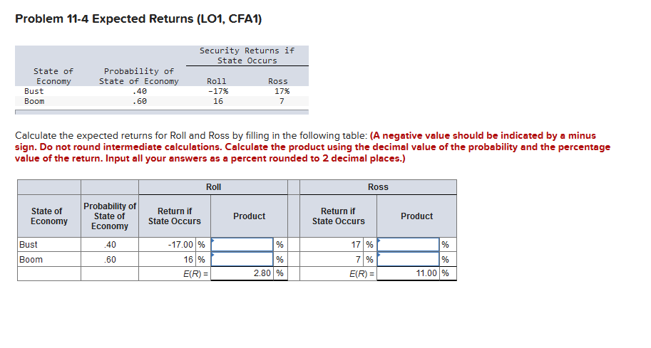 Problem 11-4 Expected Returns (LO1, CFA1) Calculate the expected returns for