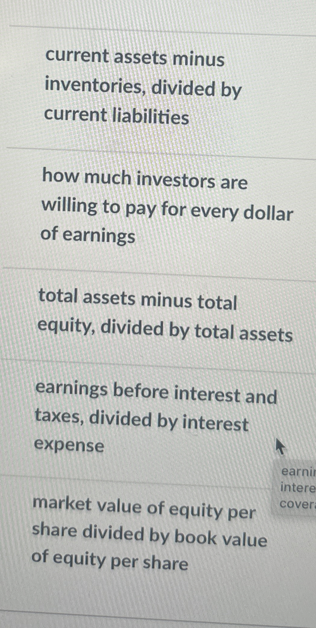  current assets minus inventories, divided by current liabilities how much investors