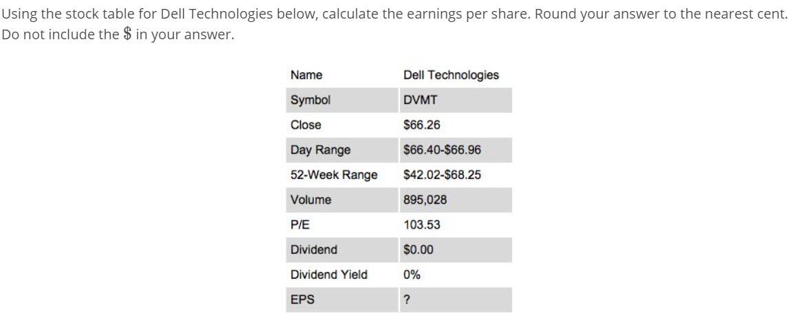 Using the stock table for Dell Technologies below, calculate the earnings