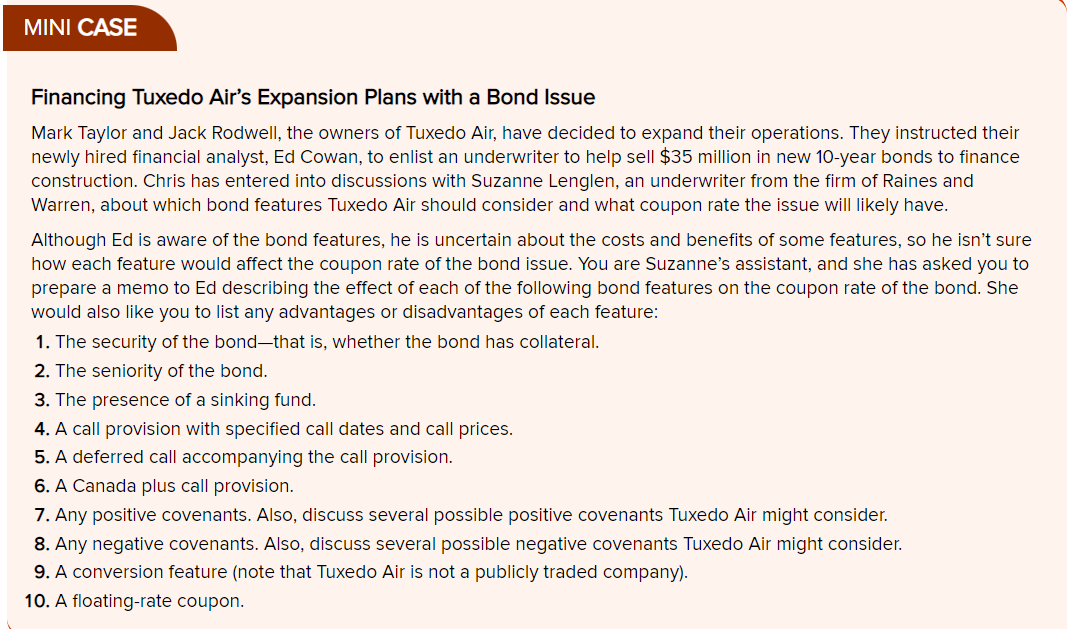 MINI CASE Financing Tuxedo Air's Expansion Plans with a Bond Issue