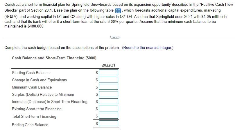Please show in excel if possible. Thank you. Construct a short-term financial
