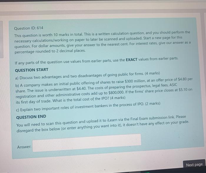  Question ID: 614 This question is worth 10 marks in total.