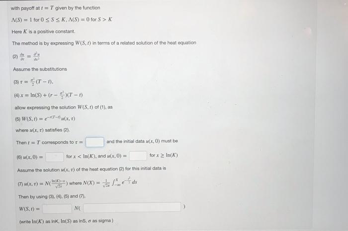 finds the formula for a cash-or-nothing Put option as the solution W(S.