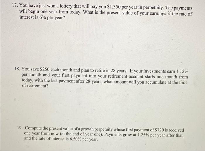 i need the excel formulas please 17. You have just won a